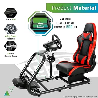 Hottoby Racing Simulator Cockpit 50mm Diameter Large Round Tube Alloy Steel With Red Seat Fits for Fanatec Logitech G25 G27 G29 G920 G923 Without Steering Wheel, Pedal, Shifter