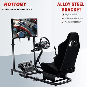 Hottoby Racing Cockpit with TV Stand &Black Seat Fit for Logitech,Thrustmaster,Fanatec,G25,G920,T500,Wheel Shifter Pedals NOT Included