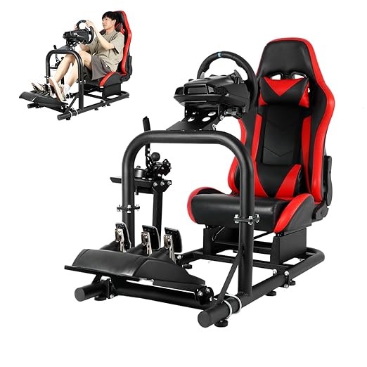Hottoby G920 Racing Simulator Cockpit Frame Large Round Tube Stable and Adjustable Racing Wheel Stand Fit for Logitech G25 G27 G29 G920 Thrustmaster T80 T150 Wheel, Pedals and Shifter Not Include(with Red Seat)
