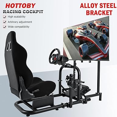 Hottoby Adjustable Racing Cockpit with TV Stand Black Seat Fit for Logitech,Thrustmaster,Fanatec,G920,T500,Wheel Shifter Pedals TV NOT Included
