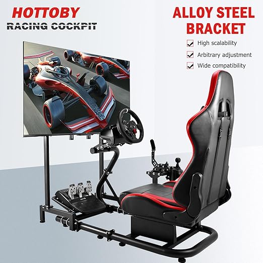 Hottoby Racing Cockpit with TV Stand & Red Seat Fit for Logitech, Thrustmaster,Fanatec,G27,G920,T500,Wheel Shifter Pedals NOT Included