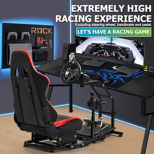 Hottoby Steering Wheel Stand Racing Cockpit with Red Seat Unobstructed Design for Both Legs Fit for Logitech/Thrustmaster G29,G920,G923,G25,T300RS,T80,T150 Adjustable No Steering Wheel, Handbrake, Pedals