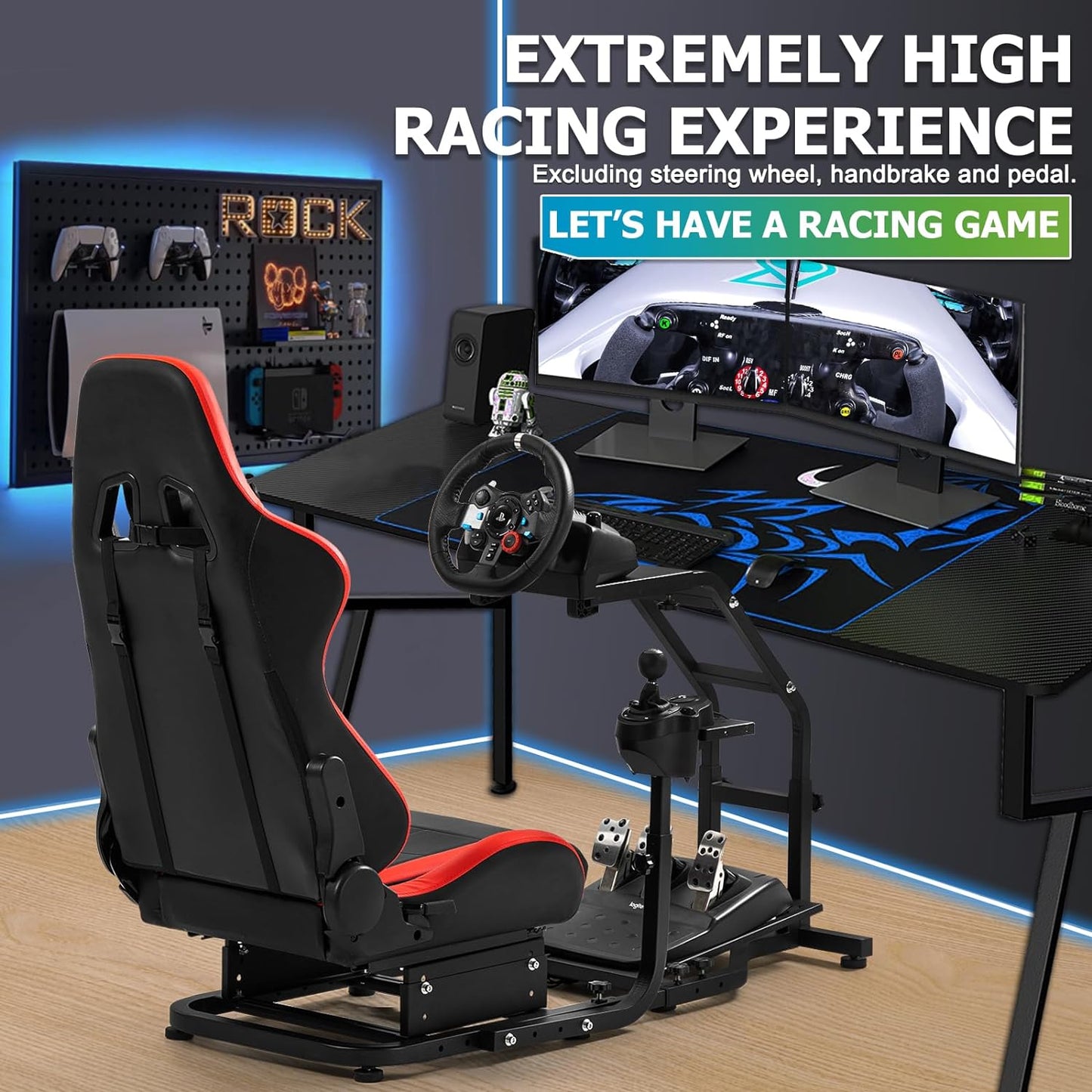 Steering Wheel Stand Racing Cockpit with Red Seat Unobstructed Design for Both Legs Fit for Logitech/Thrustmaster G29,G920,G923,G25,T300RS,T80,T150 Adjustable No Steering Wheel, Handbrake, Pedals