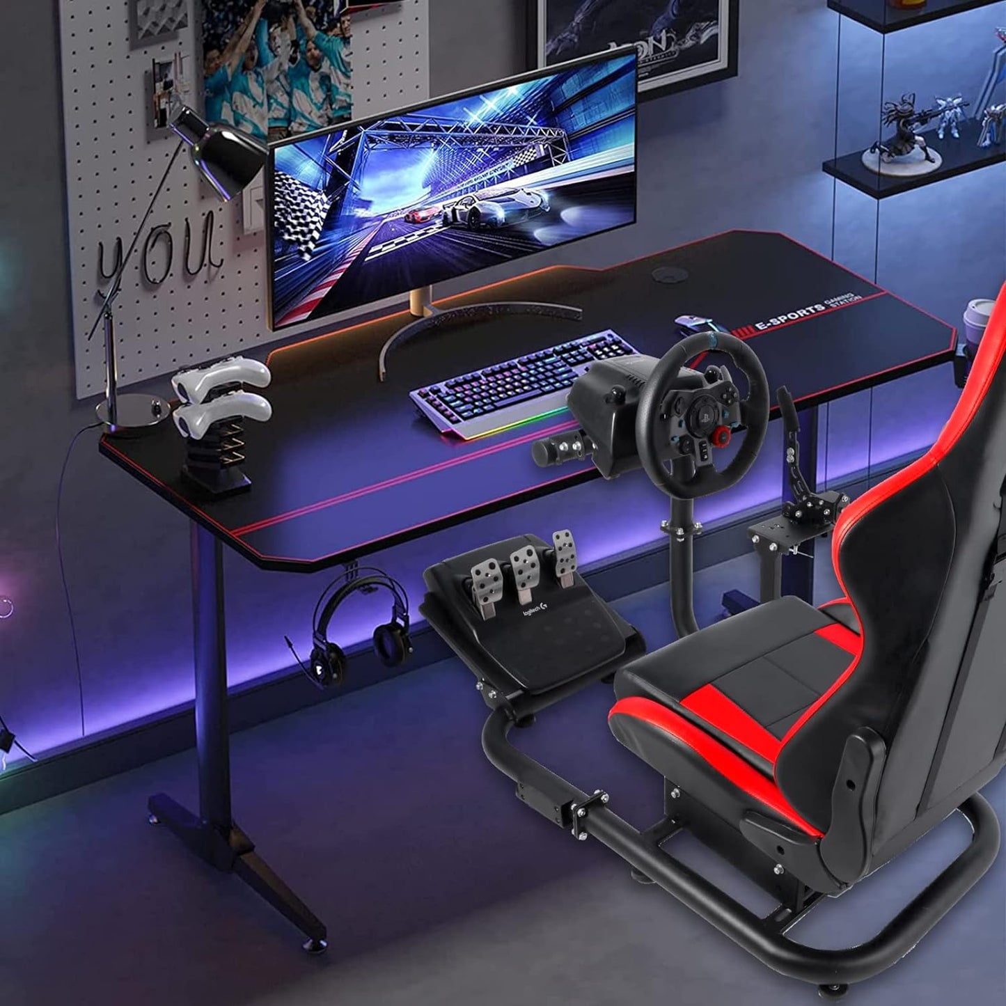 Racing Simulator Cockpit Frame Adjustable&Thick Circular Tube Fit for Logitech/Thrustmaster G29,G920,G923&T300RS Flexible Use of Legs,No Steering Wheel,Pedal,Shifter,Seat