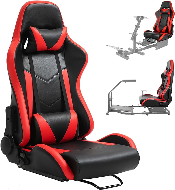 Hottoby Ergonomic Racing Seat with Adjustable Double Slides Fit Racing Simulator Cockpit Wheel Stand Gaming Chair Video Game Chairs PVC 180 Degree Fully Reclining Seat-Red