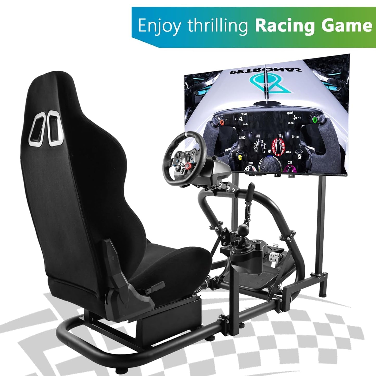 Racing Simulator Cockpit with TV Stand&Seat Adjustable Fit for Logitech I Thrustmaster I FANATEC G920,Double Arm Triangle Support,Shifter Platform Upgrade,No Wheel Pedal TV Handbrake