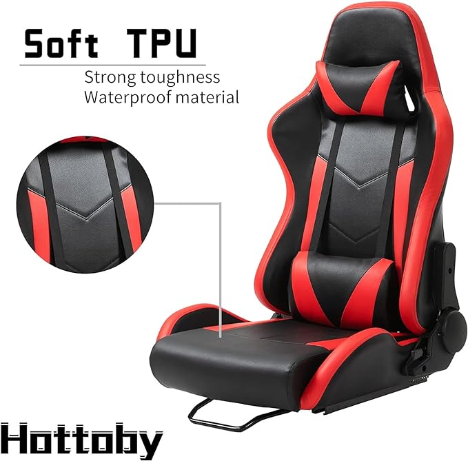 Hottoby Ergonomic Racing Seat with Adjustable Double Slides Fit Racing Simulator Cockpit Wheel Stand Gaming Chair Video Game Chairs PVC 180 Degree Fully Reclining Seat-Red