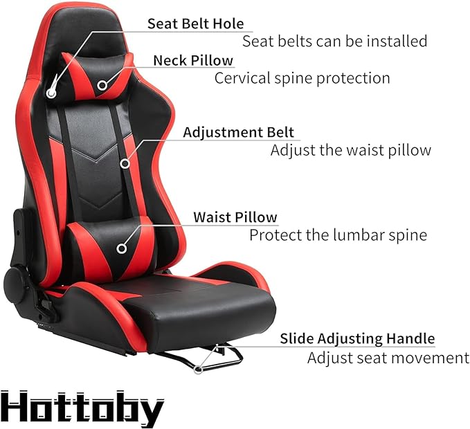 Hottoby Ergonomic Racing Seat with Adjustable Double Slides Fit Racing Simulator Cockpit Wheel Stand Gaming Chair Video Game Chairs PVC 180 Degree Fully Reclining Seat-Red